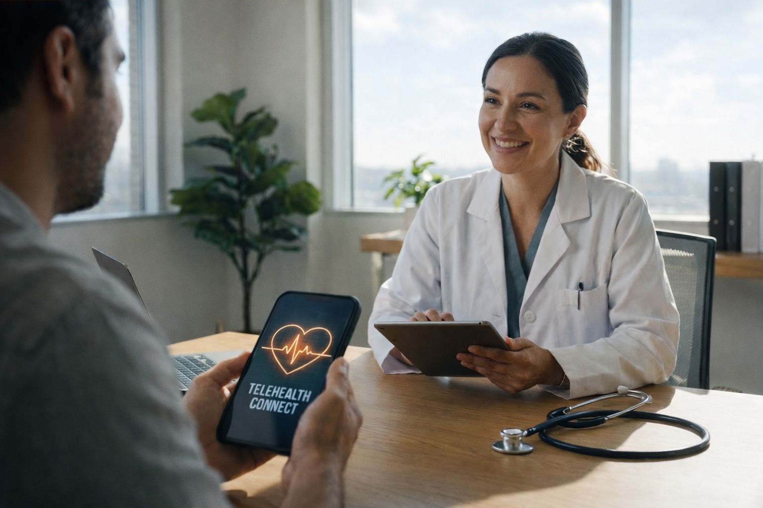Patient having an online doctor consultation on a smartphone using the DirectDoc telehealth app in South Africa