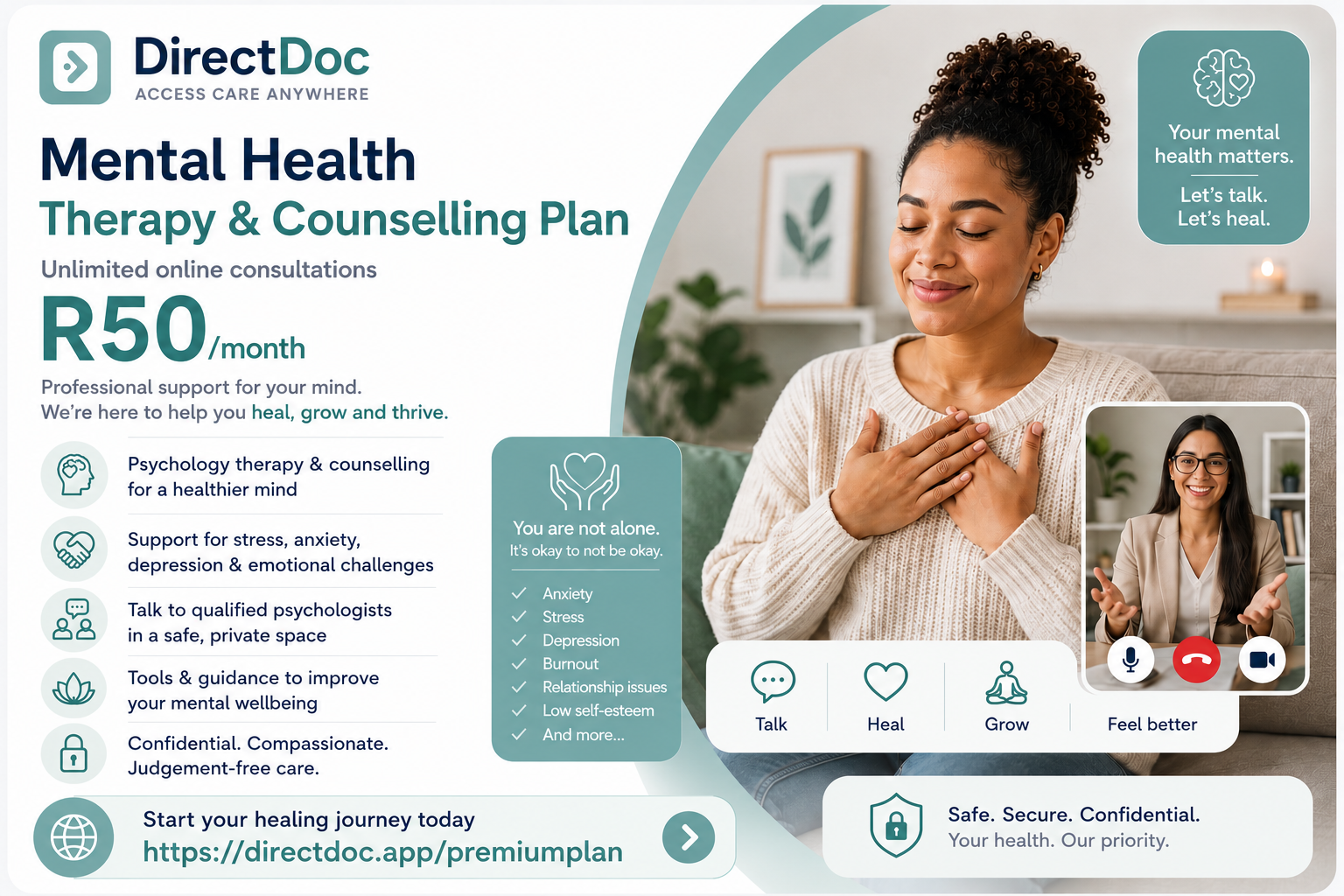 Woman receiving online therapy and mental health support through a DirectDoc mental health subscription plan