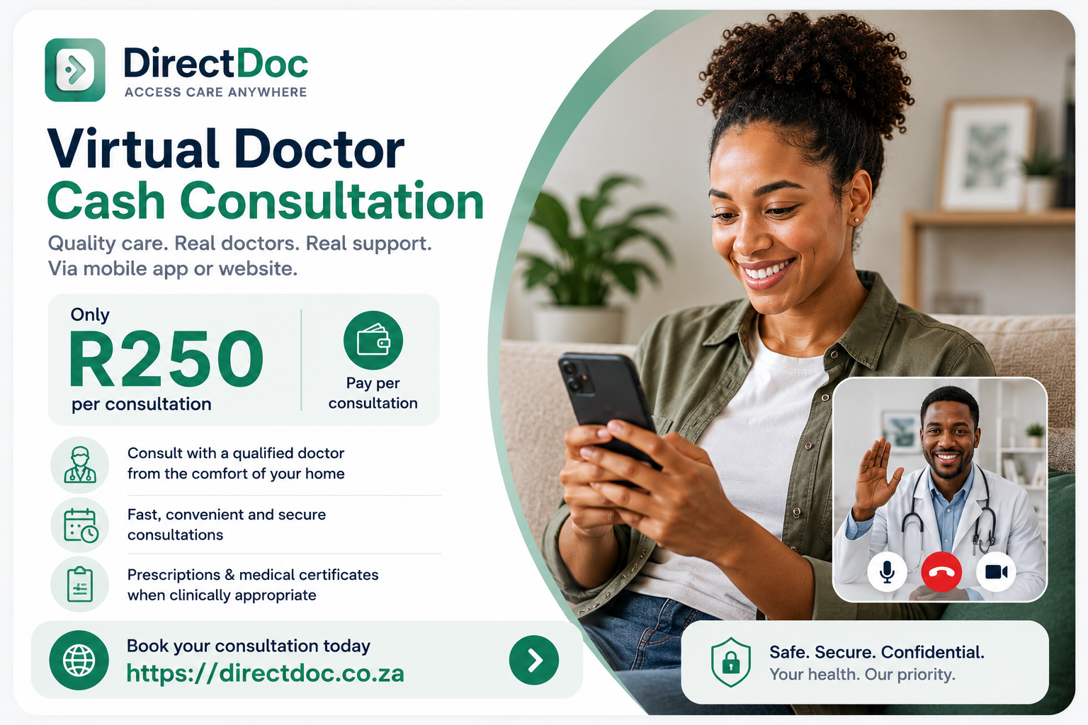 Cash patient booking an online doctor consultation on her phone with DirectDoc in South Africa