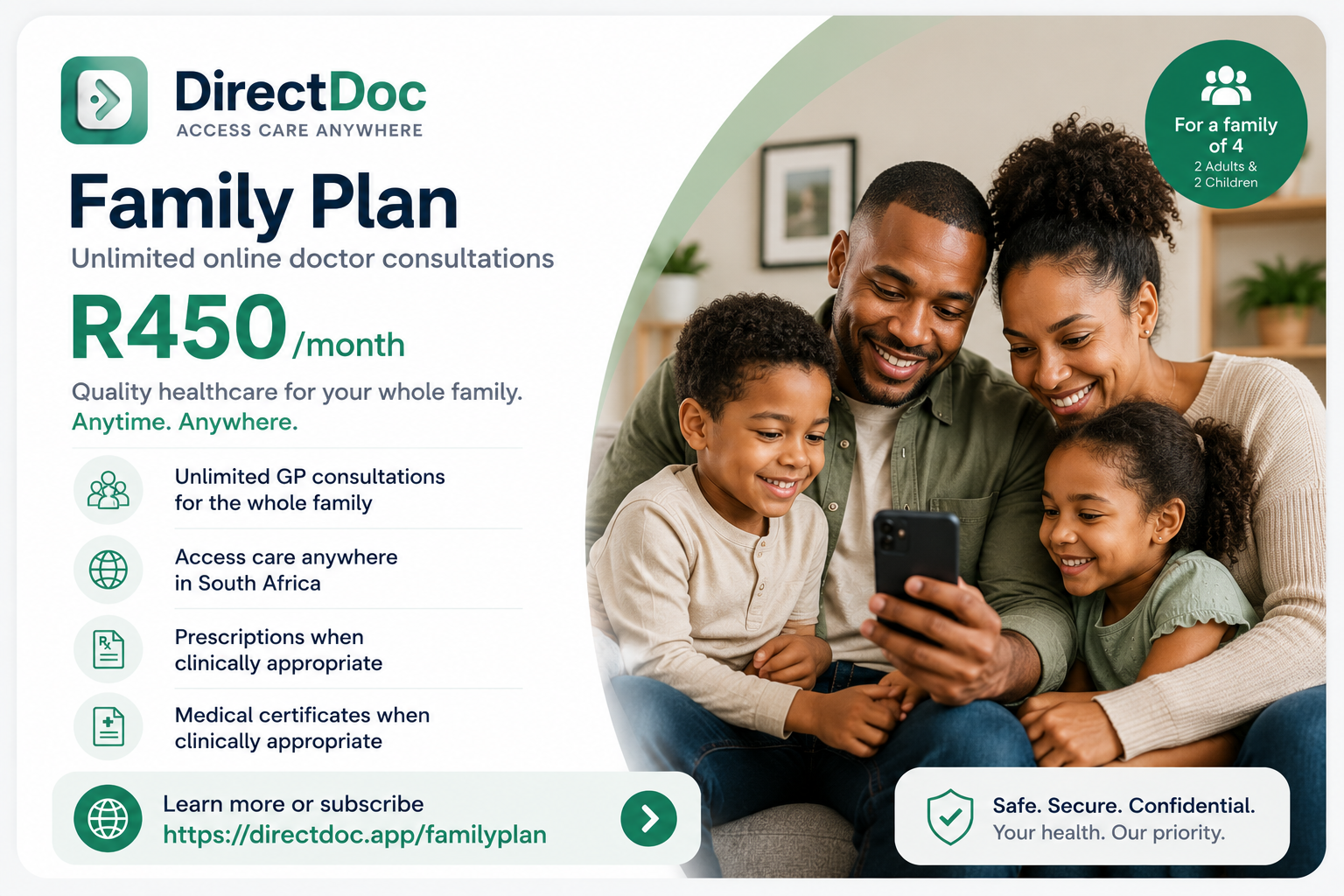 Family sitting together and using a phone to access a family online doctor subscription plan with DirectDoc