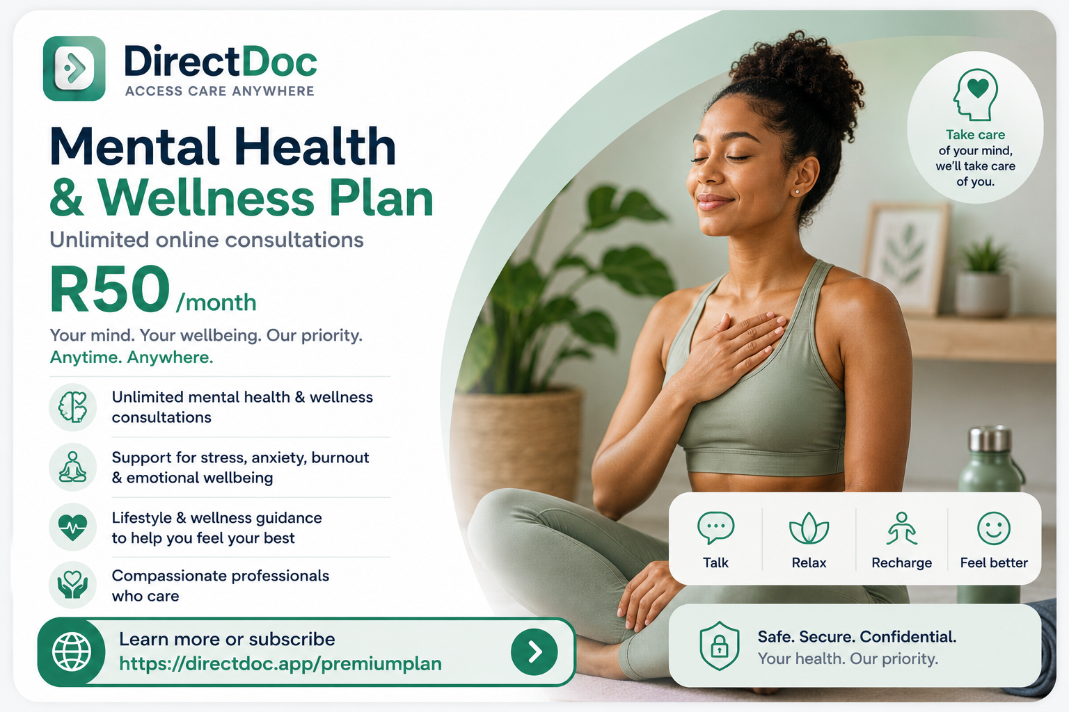 Woman practising wellness and mindfulness while using a DirectDoc mental health and wellness subscription plan