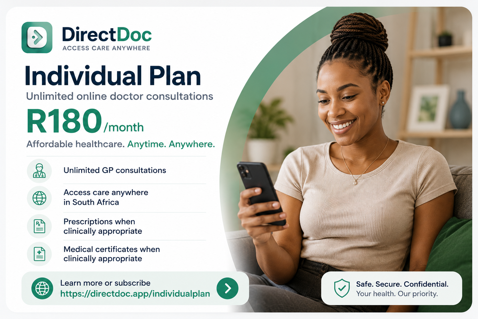 DirectDoc individual healthcare plan Woman holding her phone while subscribing to an individual online doctor plan with DirectDoc